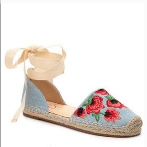 Lace Up Espadrille Sandal Denim Floral Embroidery Jessica Simpson
